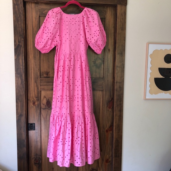 Zara pink tiered eyelet maxi dress NWOT lined open embroidery buttons v neckline - Picture 4 of 9